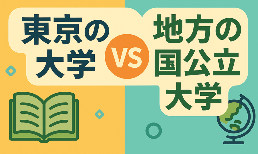 東京の大学と地方の国公立大学を比較するイラスト。中央に「VS」と書かれ、左に本のアイコン、右に地球儀のアイコンがある。背景は黄色と水色で分かれ、シンプルで洗練されたデザイン。