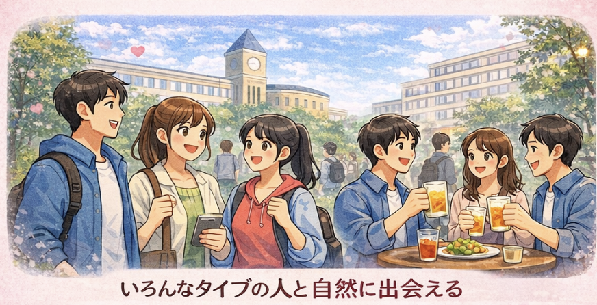 大学の広いキャンパスで、学生たちが友人や仲間と楽しそうに交流する様子を描いたイラスト。大人数