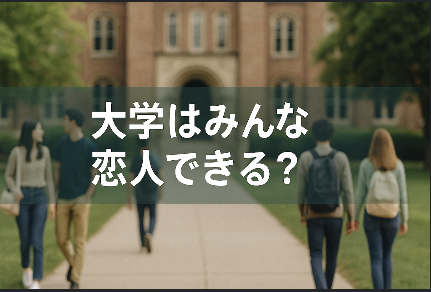 大学はみんな恋人できる？」というタイトルの教育系記事アイキャッチ画像。背景に大学キャンパスと学生のぼかした写真があり、中央に青緑色の半透明帯が配置されている。白い太字の日本語タイトルが中央に整然と並び、落ち着いたトーンで親しみやすく信頼感のあるデザイン