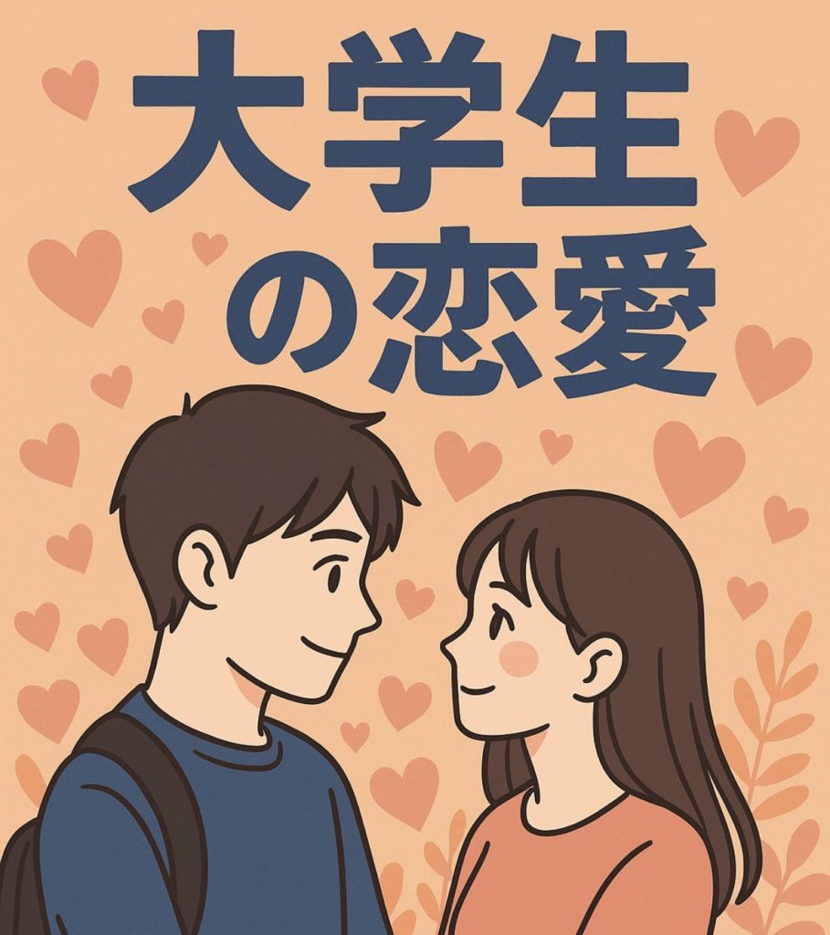 大学生の男女が見つめ合うアニメ風イラスト。オレンジ色の背景にハートが散りばめられ、恋愛の温かく優しい雰囲気を表現している。上部には「大学生の恋愛」という文字が描かれている。
